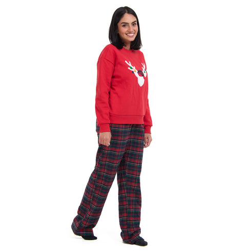 Women Winter Pajama Set Red deer Hoodie + Dark Blue x Red Checkered Pants